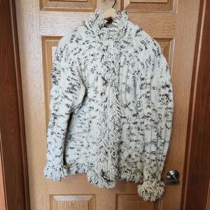 Vintage‎ Amano Handmade 100% Wool Long Sweater Hooded Cream Cardigan with Fringe